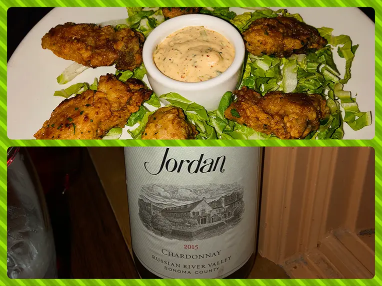 Five Spice Seafood - Pan-Fried Oysters w/ Spicy Aioli paired with a Jordan 2015 Chardonnay