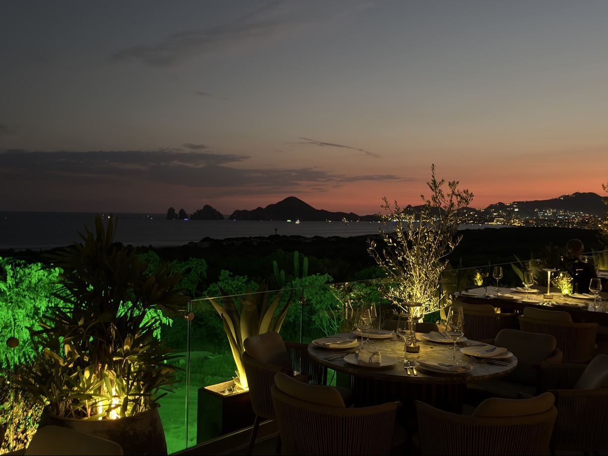 Sunset from the terrace, looking across the bay toward El Arco.