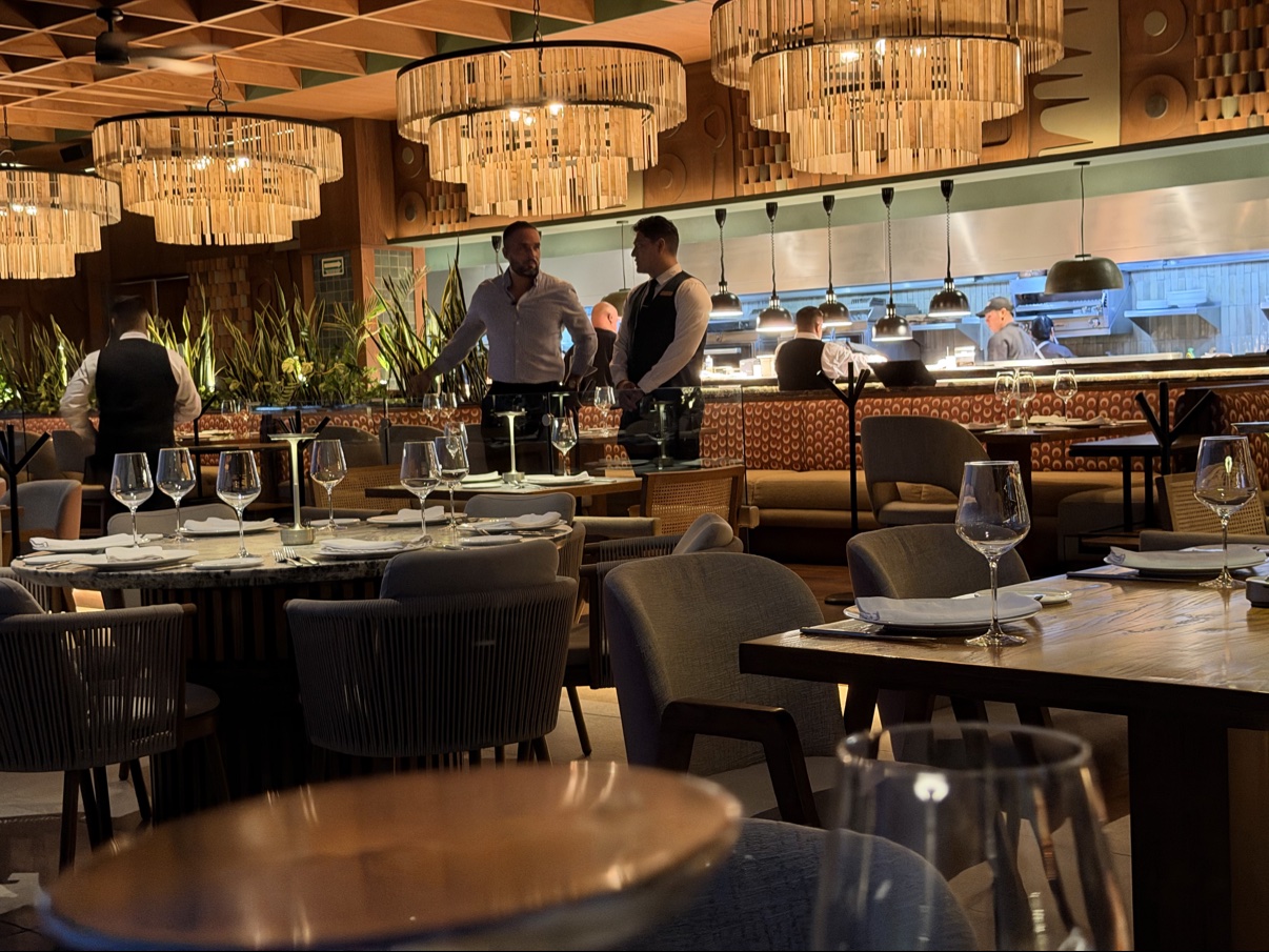 The main dining room and open kitchen.