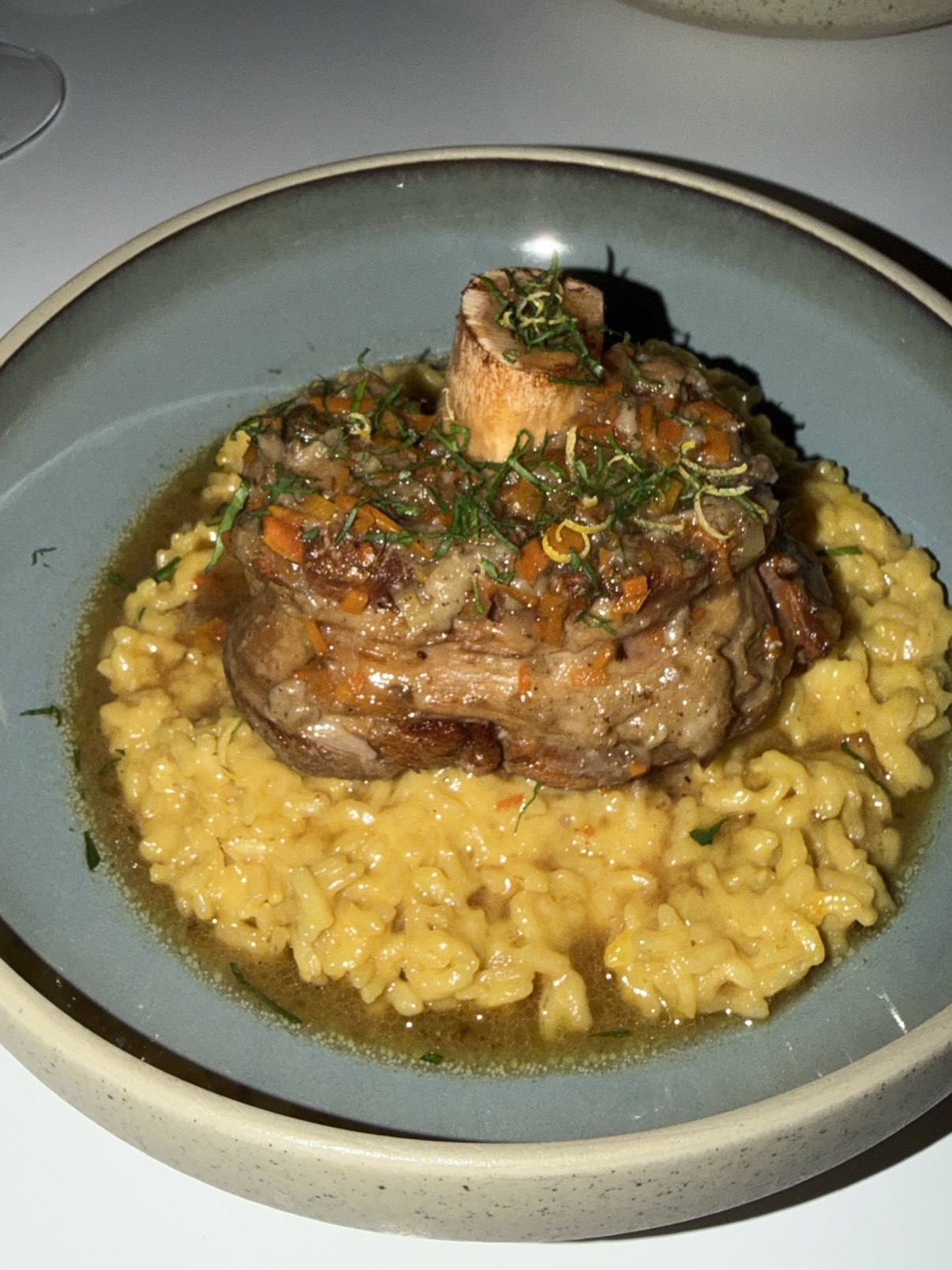 Ossobuco alla Milanese over saffron risotto at Wednesday's birthday dinner.
