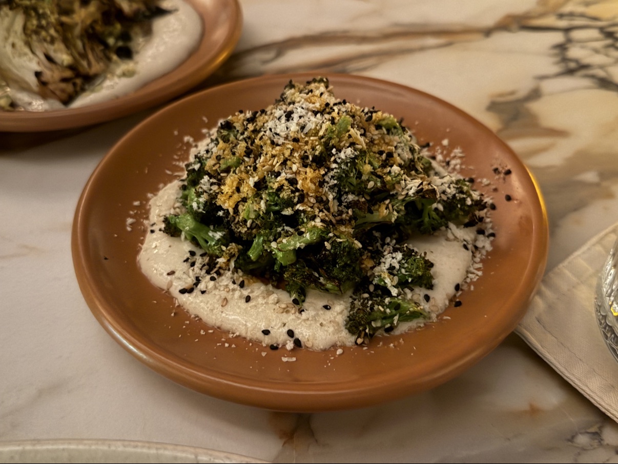 Grilled Broccoli with tahini and furikake crunch.